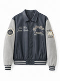 Men's varsity bomber jacket in collegiate style with faux leather body, suede look sleeves and embroidered patches Fashion Glam