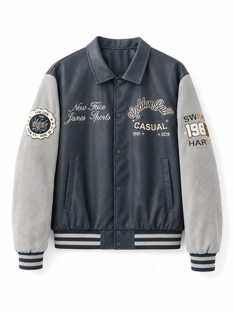 Men's varsity bomber jacket in collegiate style with faux leather body, suede look sleeves and embroidered patches Fashion Glam