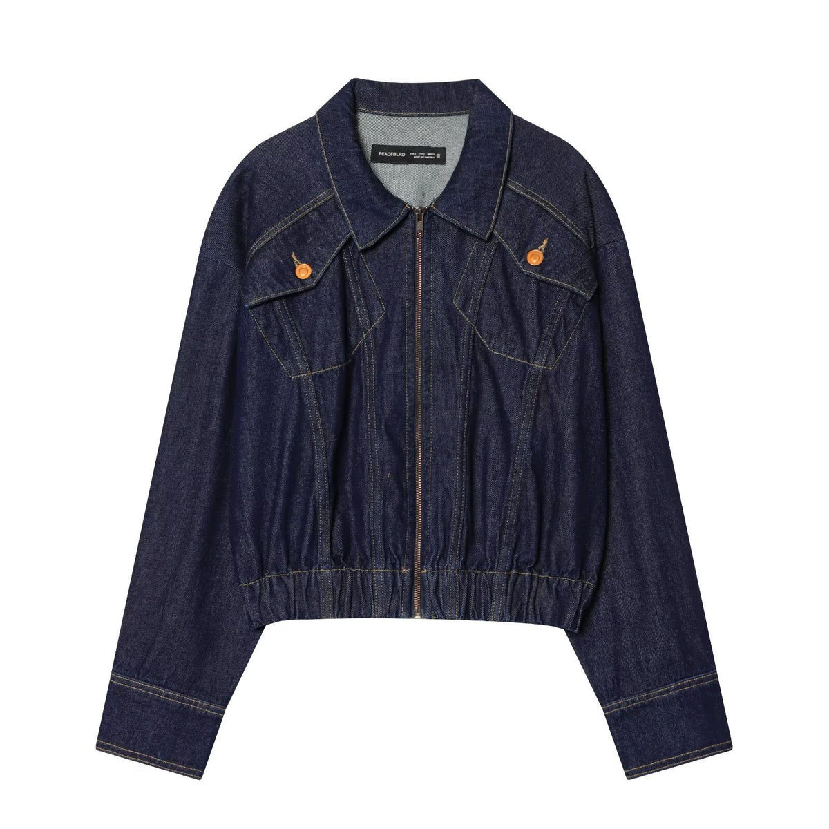 Women's bomber style jeans jacket with zipper and elastic hem Fashion Glam