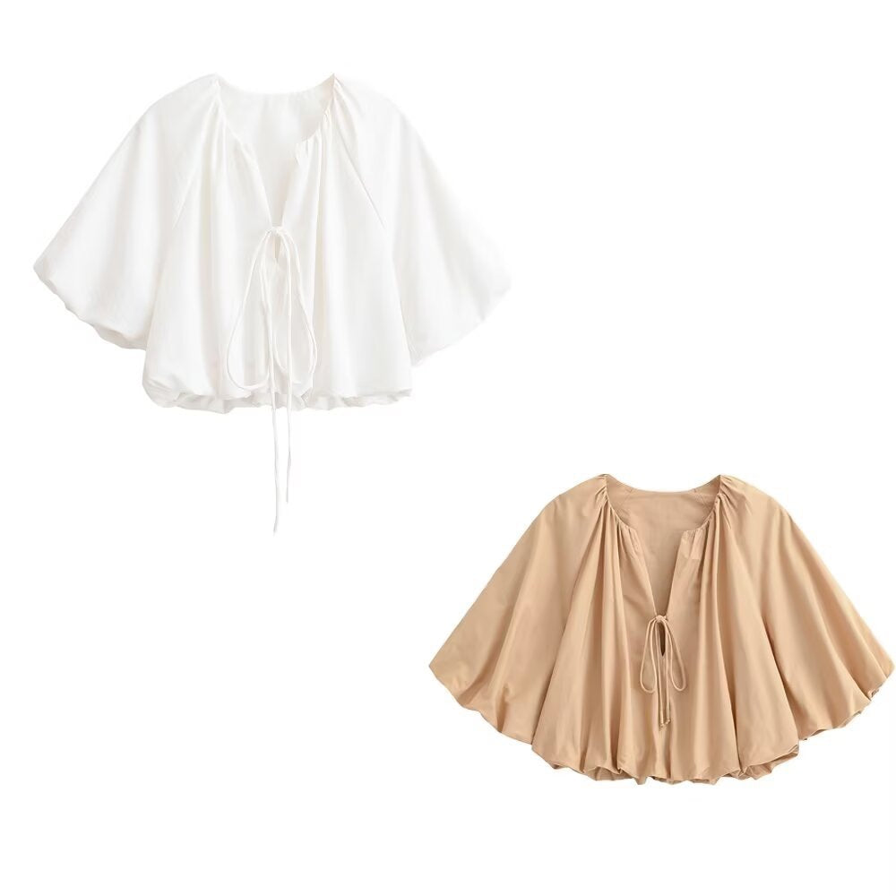Women Oversized Cape Blouse with Drawstring, Gathered Hem and Voluminous Batwing Sleeves Fashion Glam