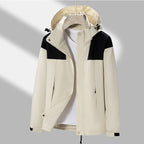 Men's lightweight water-repellent hooded transitional jacket with contrast shoulder panels and drawstring hem Fashion Glam