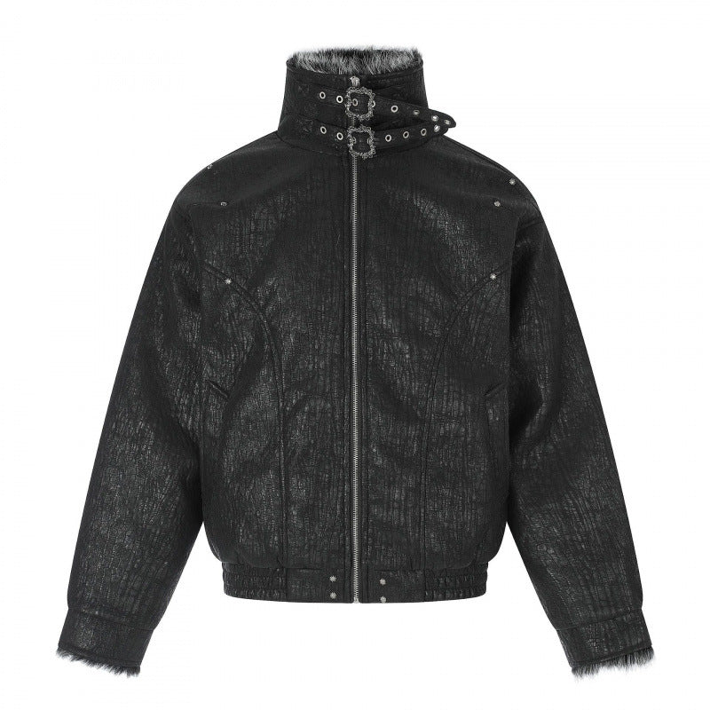 Men's Short Biker-Inspired Faux Leather Bomber Jacket with Studs, Double Buckle Collar and Teddy Lining Fashion Glam
