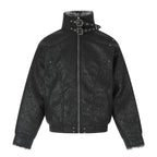 Men's Short Biker-Inspired Faux Leather Bomber Jacket with Studs, Double Buckle Collar and Teddy Lining Fashion Glam