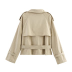 Women's Short Double-Breasted Trench Blouson with High Stand Collar, Shoulder Tabs, and Waist Belt Fashion Glam