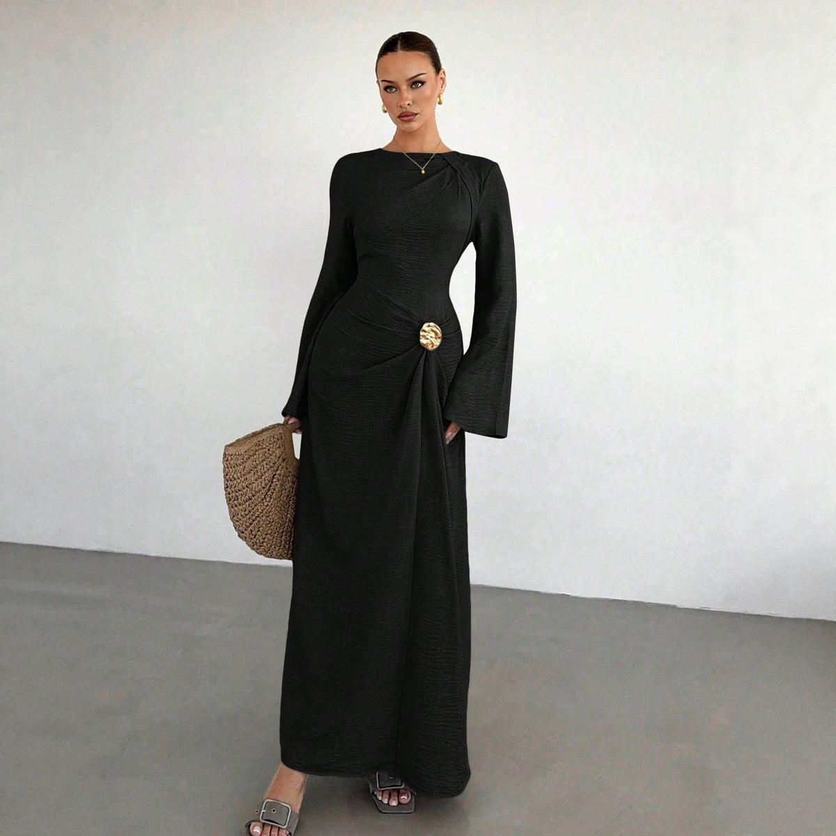 Ladies max dress with draping, decorative brooch and wide trumpet sleeves Fashion Glam