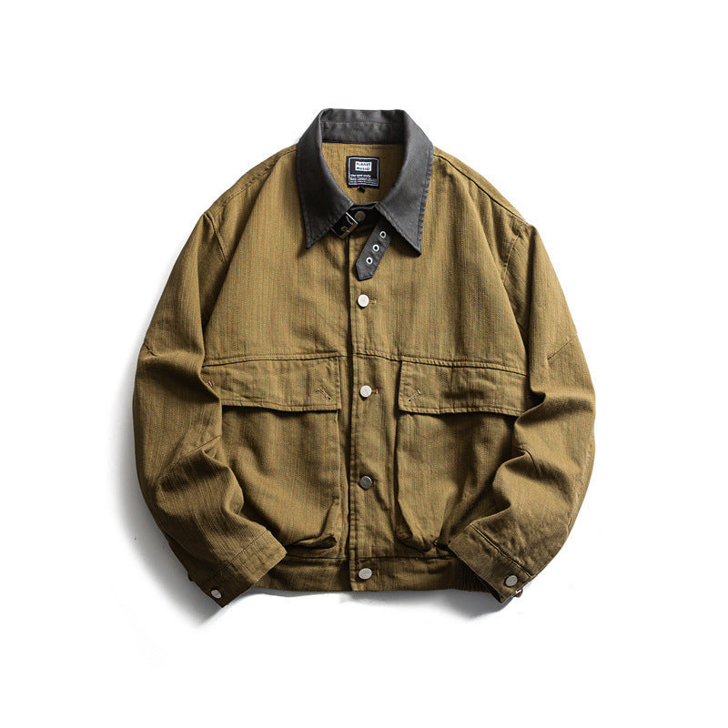 Men's Boxy Worker Canvas Jacket with Cord Collar, Snap Placket and Placed Flap Pockets Fashion Glam