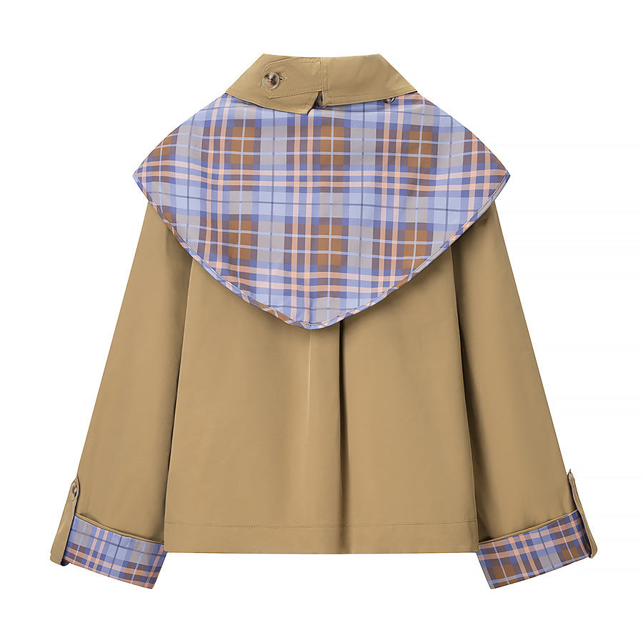 Women's short jacket in trench-cape mix with checked shawl collar bow Fashion Glam