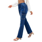 Ladies Cargo Denim Trousers with Straight Leg, Patch Flap Pockets and Bead Trim Fashion Glam