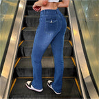 Women's High-Waisted Stretch Jeans with Light Flare and Decorative Pockets Fashion Glam