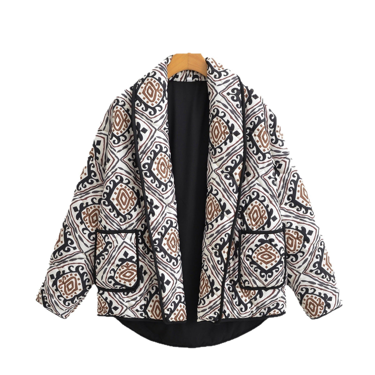 Women's Oversize Quilted Short Jacket in Kimono Style with Ethno Pattern Fashion Glam