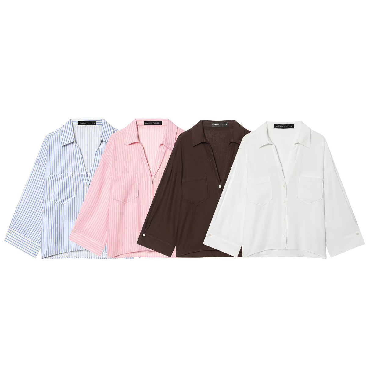 Women's Oversized Shirt Blouse with Chest Pockets, Three-Quarter Sleeves, and Curved Back Hem Fashion Glam