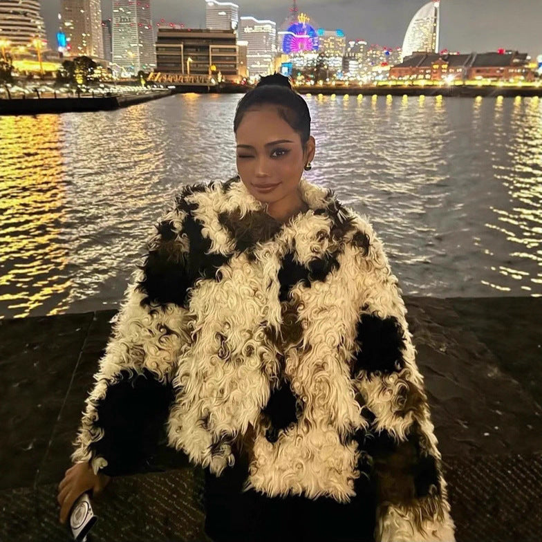 Women's Short Shaggy Faux Fur Bomber Jacket with Textured Patchwork Look Fashion Glam