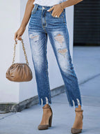 Ladies High-Waist Straight Jeans with Destroyed Details and Frayed Hem Fashion Glam