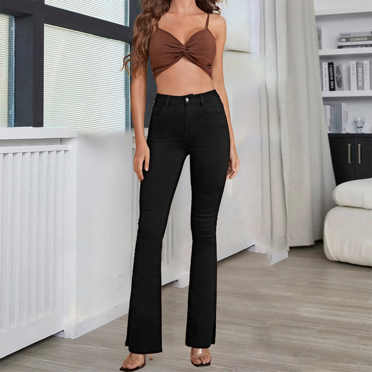 Women’s high-waisted flared trousers made of stretch denim with a center seam and figure-hugging cut Fashion Glam