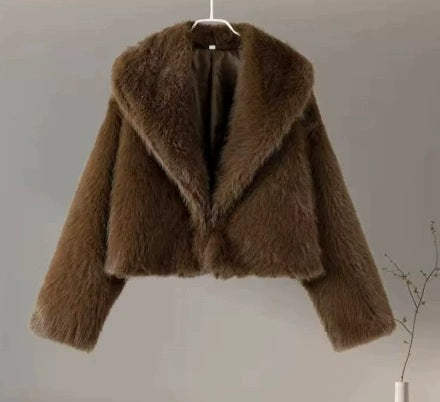 Women Short Boxy Faux Fur Blouson with Voluminous Shawl Collar Fashion Glam