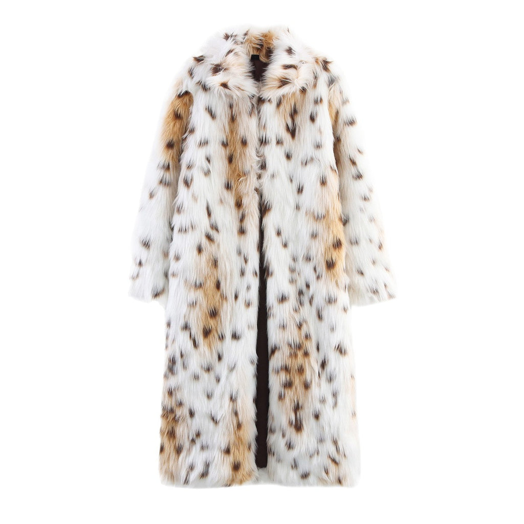 Women's Long Oversized Faux Fur Coat with Spotted Wildcat Print and Stand Collar Fashion Glam
