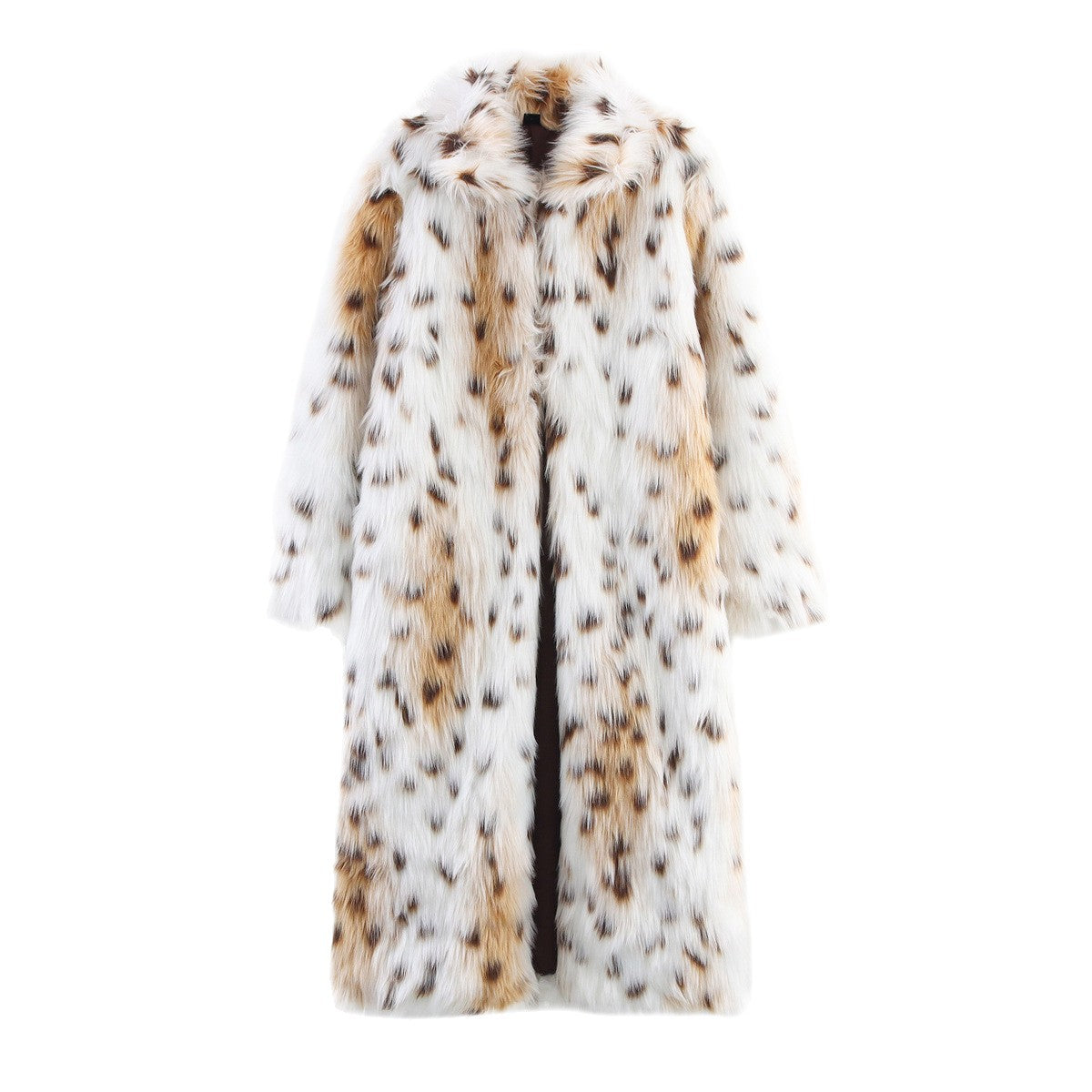 Women's Long Oversized Faux Fur Coat with Spotted Wildcat Print and Stand Collar Fashion Glam