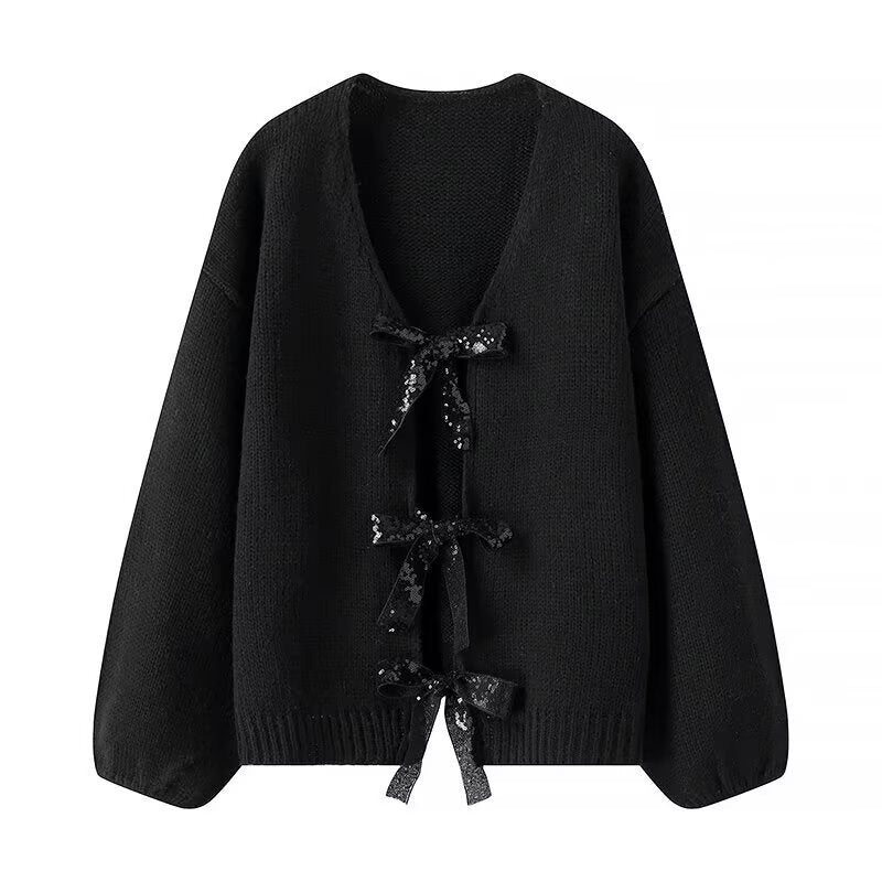 Women's Oversized Knit Cardigan with Deep V-Neck and Decorative Bows Fashion Glam