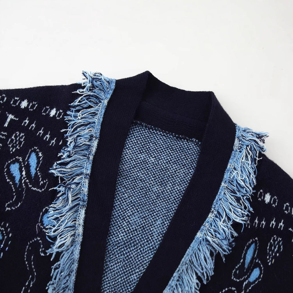 Women Fringe Kimono Cardigan with Paisley Jacquard and Tied Belt Fashion Glam