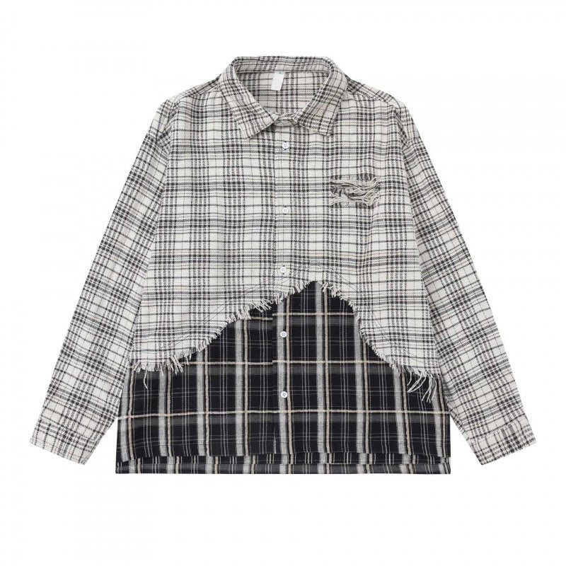 Unisex Oversize Check Shirt with Layered Look and Frayed Hem Fashion Glam