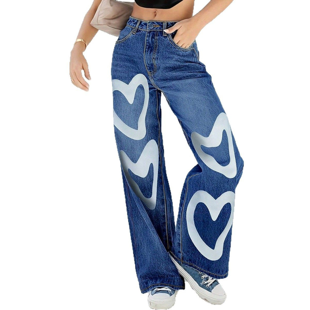 Ladies High-Waist Wide-Leg Jeans with large heart print Fashion Glam