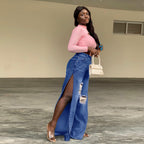 Ladies tapered denim jeans with high side slits and destroyed knee area Fashion Glam