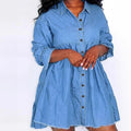 Women Oversize Denim Shirt Dress with Continuous Button Placket and Pockets Fashion Glam