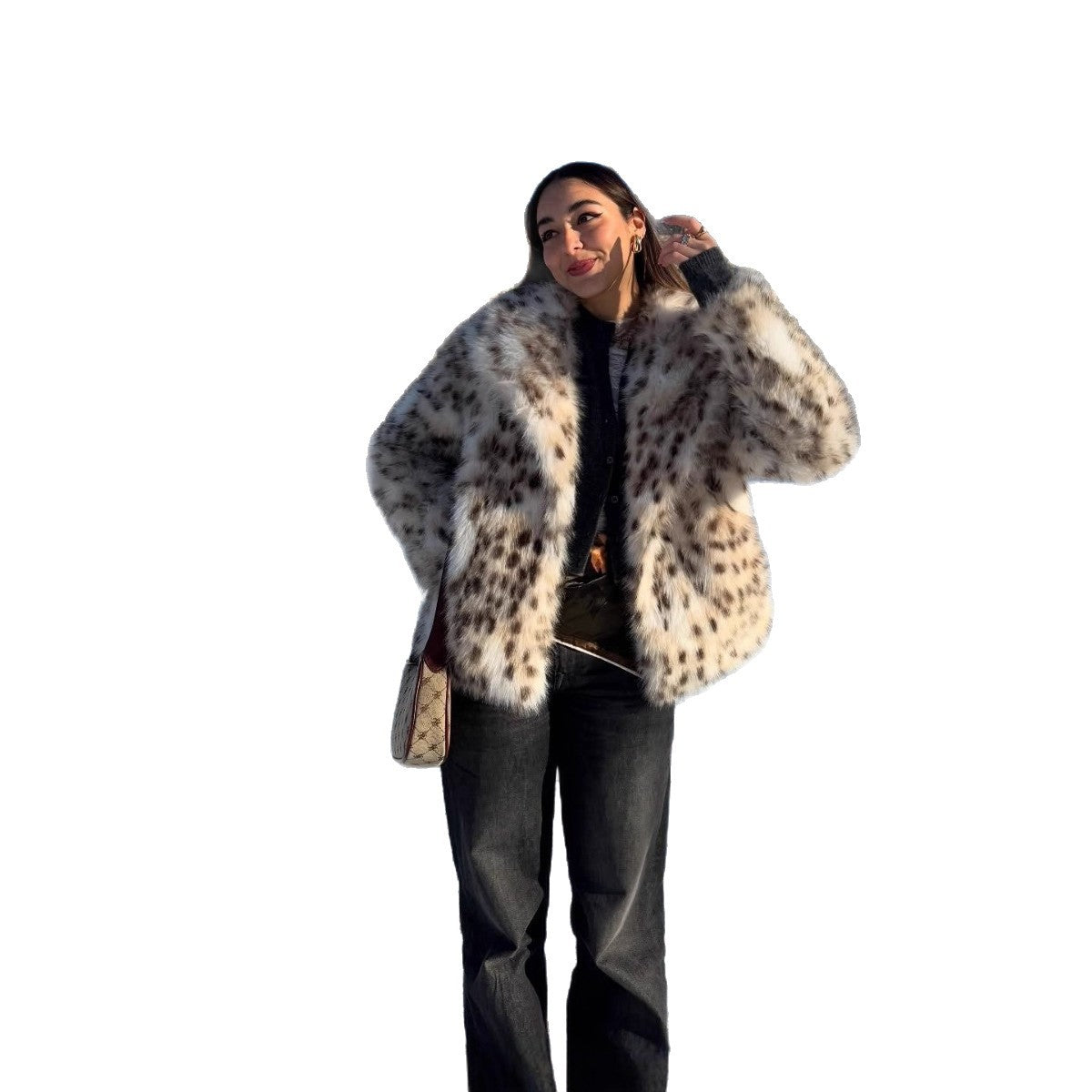 Women Flecked Short Faux Fur Jacket with Boxy Silhouette and Voluminous Pile Fashion Glam