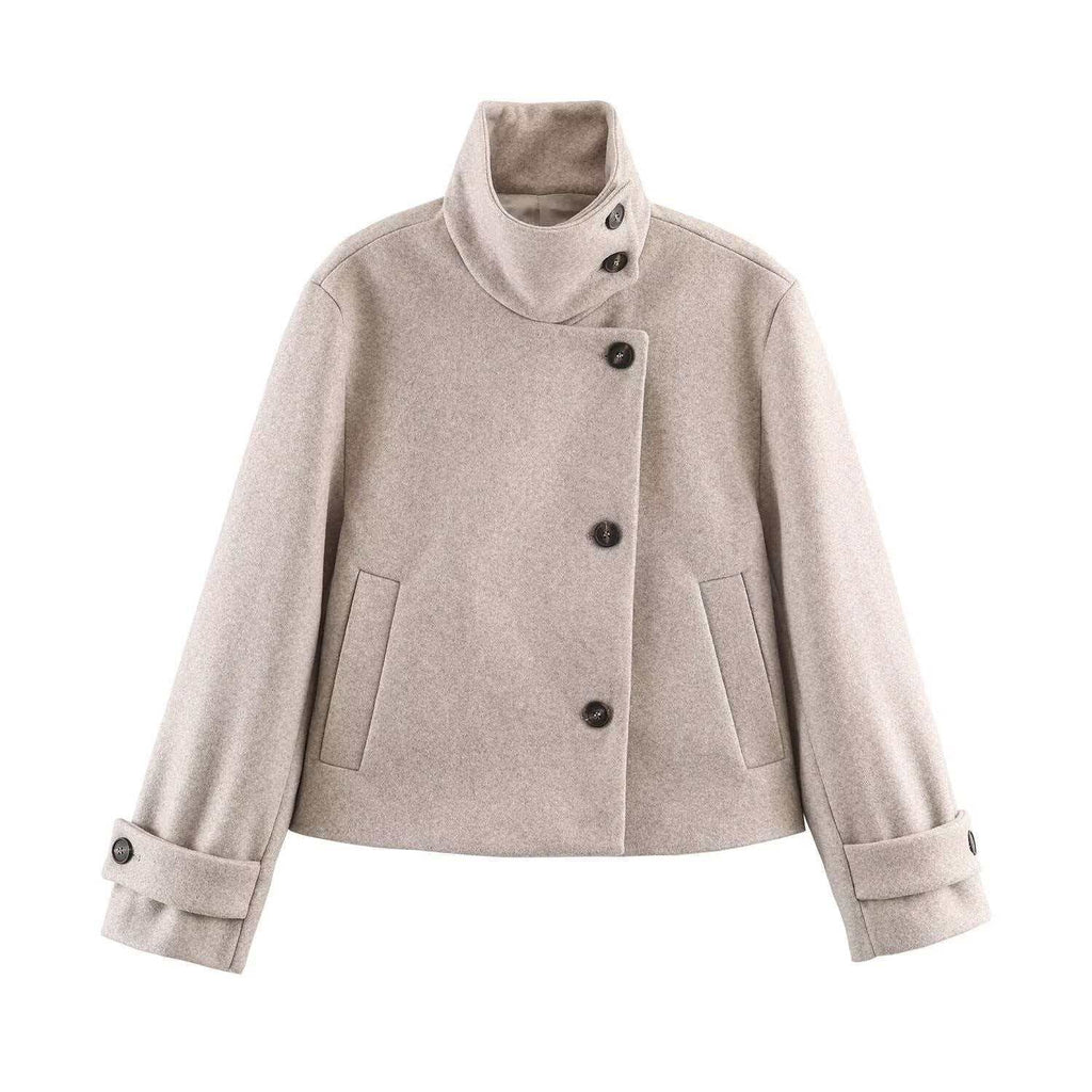 Ladies' short wool coat with high stand-up collar, asymmetrical button placket, and adjustable cuff straps Fashion Glam