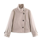 Ladies' short wool coat with high stand-up collar, asymmetrical button placket, and adjustable cuff straps Fashion Glam
