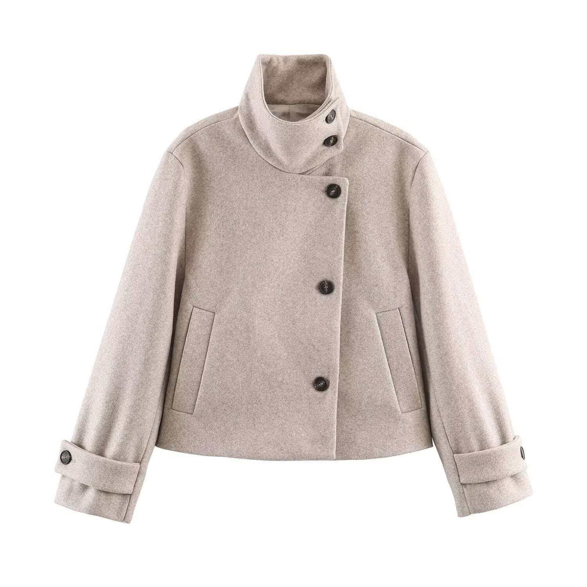Ladies' short wool coat with high stand-up collar, asymmetrical button placket, and adjustable cuff straps Fashion Glam