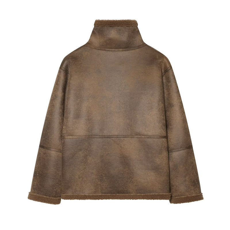 Ladies short jacket in lambskin look with stand-up collar, button and buckle closure Fashion Glam