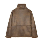Ladies short jacket in lambskin look with stand-up collar, button and buckle closure Fashion Glam