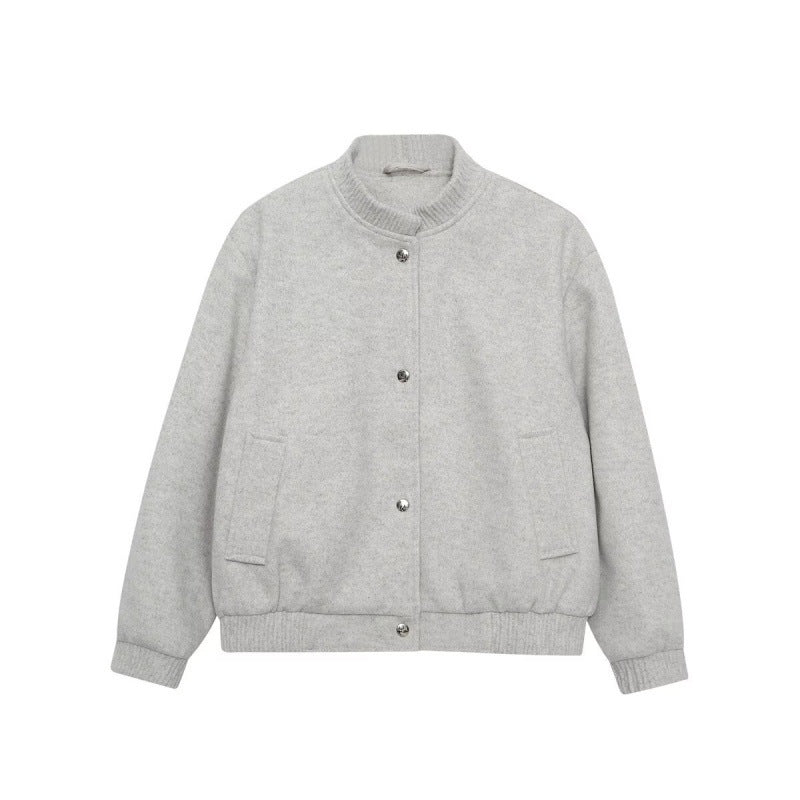 Men's wool blend bomber jacket with ribbed cuffs and snap button placket Fashion Glam