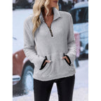 Women's fluffy fleece cuddle pullover with half zipper, kangaroo pocket and stand-up collar Fashion Glam