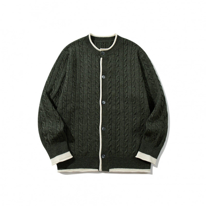 Unisex fine knit cardigan with cable pattern, round neck and contrast trim Fashion Glam