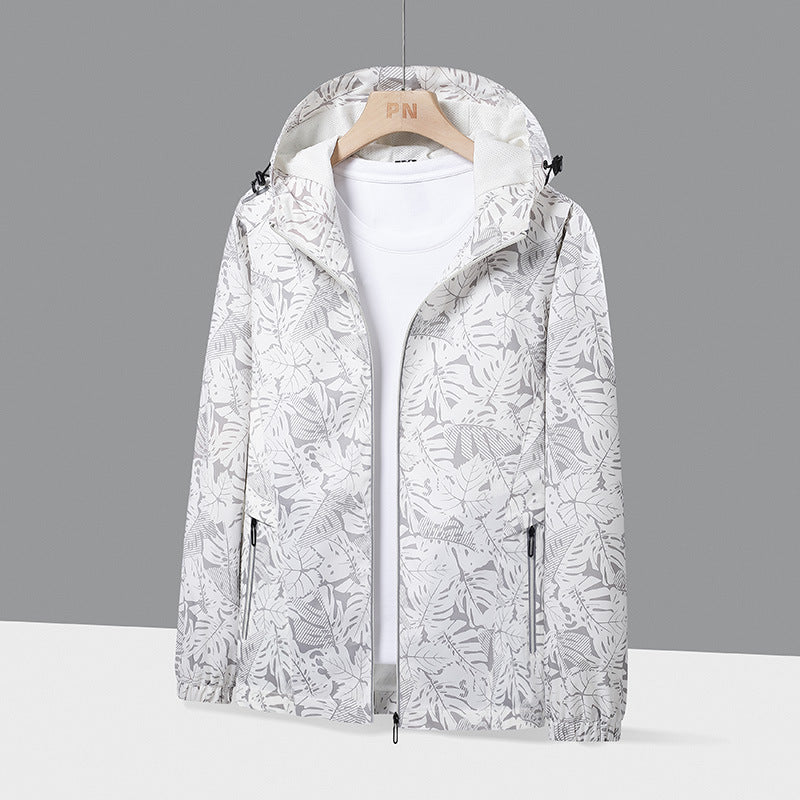 Men's Lightweight Hooded Windbreaker with Botanical Allover Print and Elastic Cuffs Fashion Glam