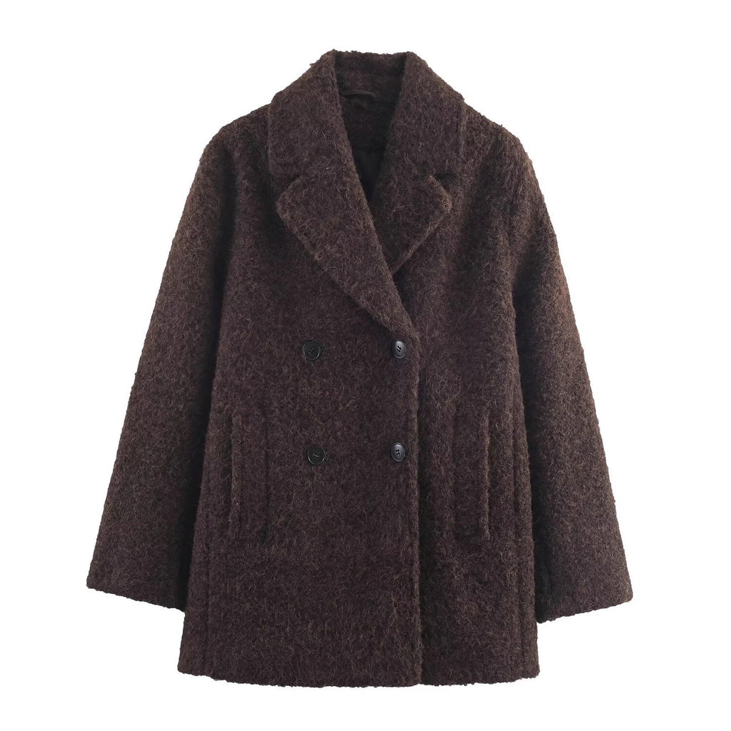 Ladies Double-Breasted Teddy Coat with Shawl Collar and Patch Pockets Fashion Glam