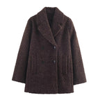 Ladies Double-Breasted Teddy Coat with Shawl Collar and Patch Pockets Fashion Glam