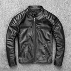 Men's Vintage Biker Leather Jacket with Stand Collar and Quilted Shoulder Padding Fashion Glam