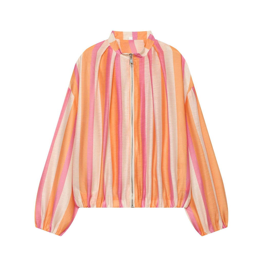 Women's Striped Cropped Bomber Jacket with High Stand Collar, Balloon Sleeves and Zipper Fashion Glam