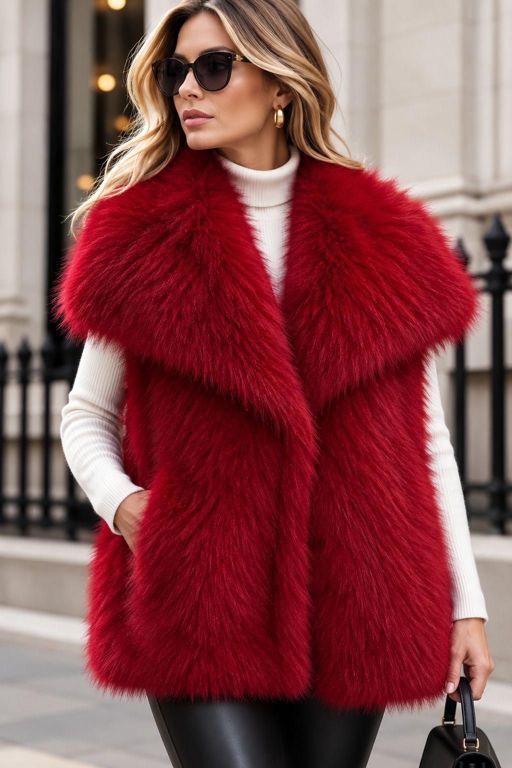 Women's Sleeveless Luxury Faux Fur Vest with Extra Soft Long Pile and Oversized Shawl Collar Fashion Glam