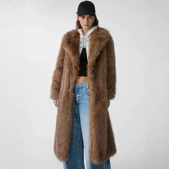 Women's Elegant Maxi Faux Fur Coat with Wide Shawl Collar and Straight Cut Fashion Glam