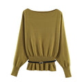Women's Oversized Knit Sweater with Boat Neck, Batwing Sleeves, Gathered Ribbed Hem, and Waist Belt Fashion Glam
