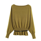 Women's Oversized Knit Sweater with Boat Neck, Batwing Sleeves, Gathered Ribbed Hem, and Waist Belt Fashion Glam