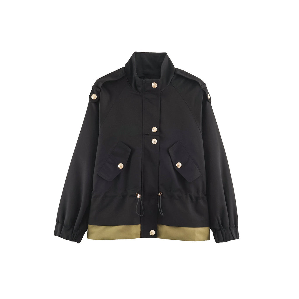 Women's lightweight utility jacket with drawstring waist gathering, stand-up collar, and flap pockets Fashion Glam