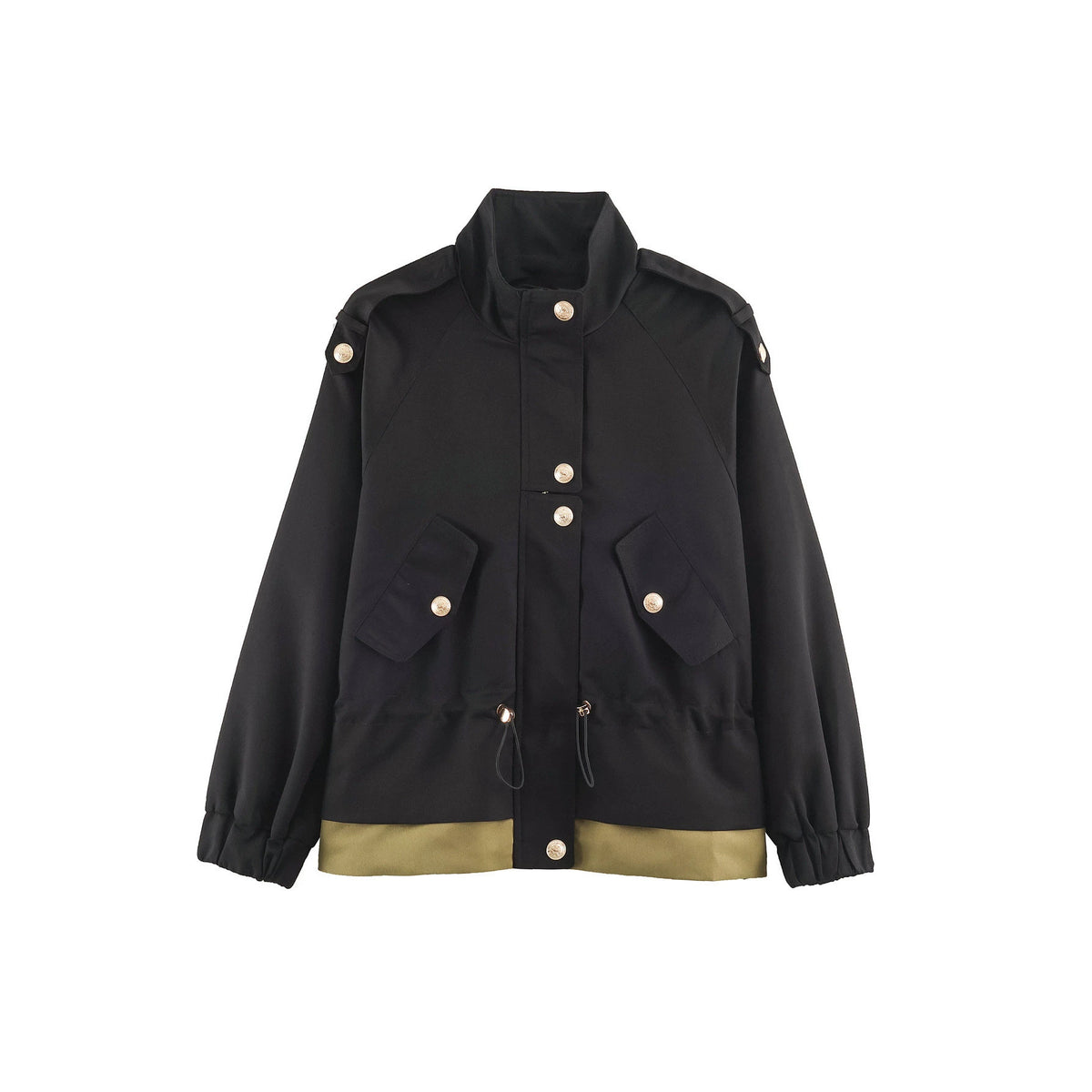 Women's lightweight utility jacket with drawstring waist gathering, stand-up collar, and flap pockets Fashion Glam