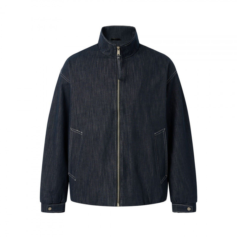 Unisex Boxy Jeans Bomber Jacket with Stand Collar, Zipper and Elastic Hem Fashion Glam