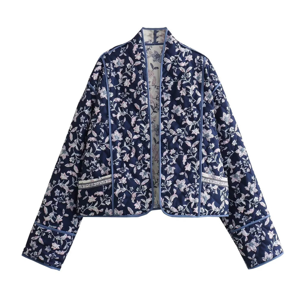 Ladies Quilted Short Jacket in Kimono Style with Floral Quilting and Contrast Piping Fashion Glam