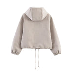 Women's Cropped Puffer Jacket with Hood, Drawstring and Check Pattern Fashion Glam